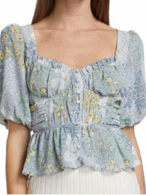 Astr Floral Puff-Sleeve Square-Neck Peplum Top - Light Blue & Yellow